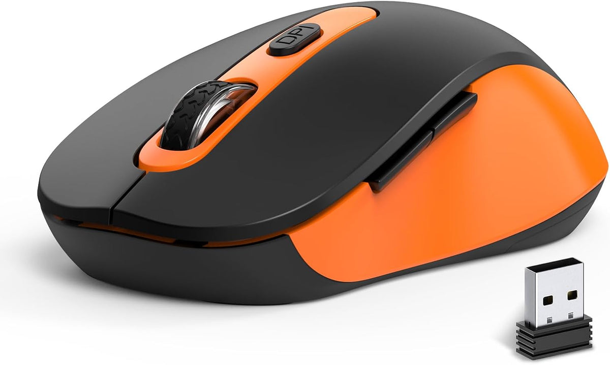 Wireless Mouse for Laptop, PC, Chromebook, Mac, MacBook, Silent Mouse with USB Nano Receiver, Side Button, 2400 DPI, Anti Slip Roller, 6 Button Ergonomics Cordless Computer Mice - Black Orange