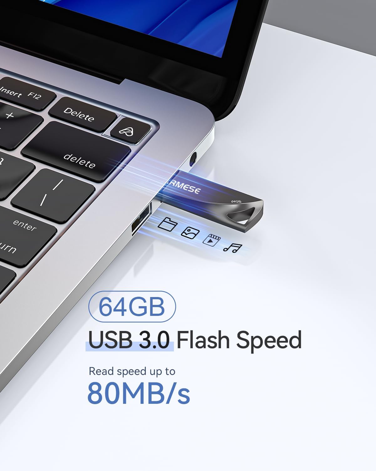 64GB USB 3.0 Flash Drive, Waterproof Metal USB Memory Stick, Slim Thumb Drive Portable Pen Drive with Keychain Hole Stylish Jump Drive for PC Computer Car - Gray