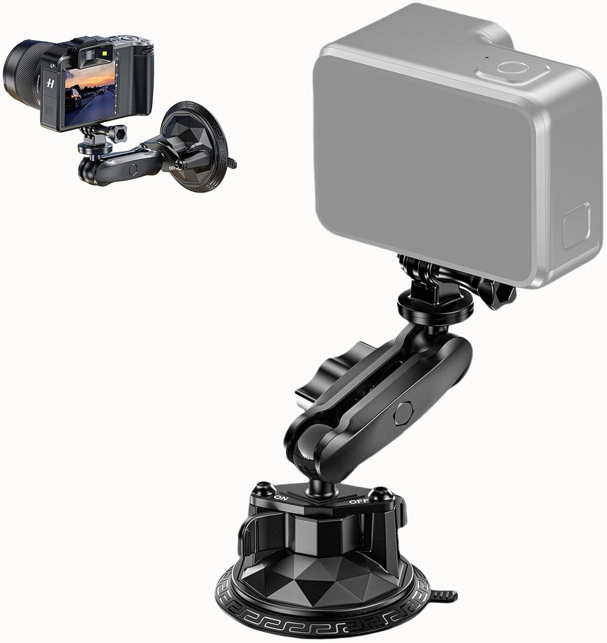 Camera Suction Cup Mount with Ball Head Magic Arm, Twist-Lock Composite Suction Cup Mount on Car Boat Windshield Window with 1/4"-20 Threaded for Action Camera/Camcorder/Phone Holder