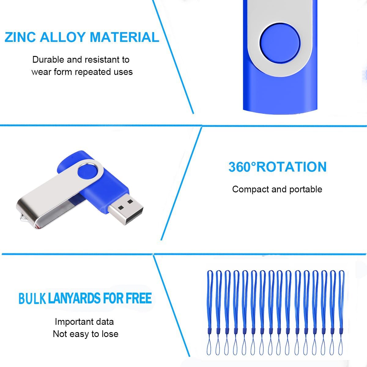100Pack of 16GB Bulk Flash Drives EASTBULL Flash Drives Pack USB 2.0 Thumb Drives Bulk Swivel USB Drives Bulk with Strings (16GB-Blue)