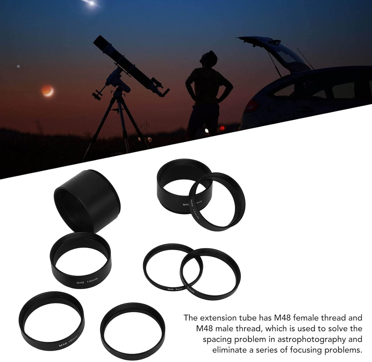 Astronomical Extension Tube, 8Pcs M48 Focal Length Extension Tube Kit for Telescope, Cameras, Eyepieces