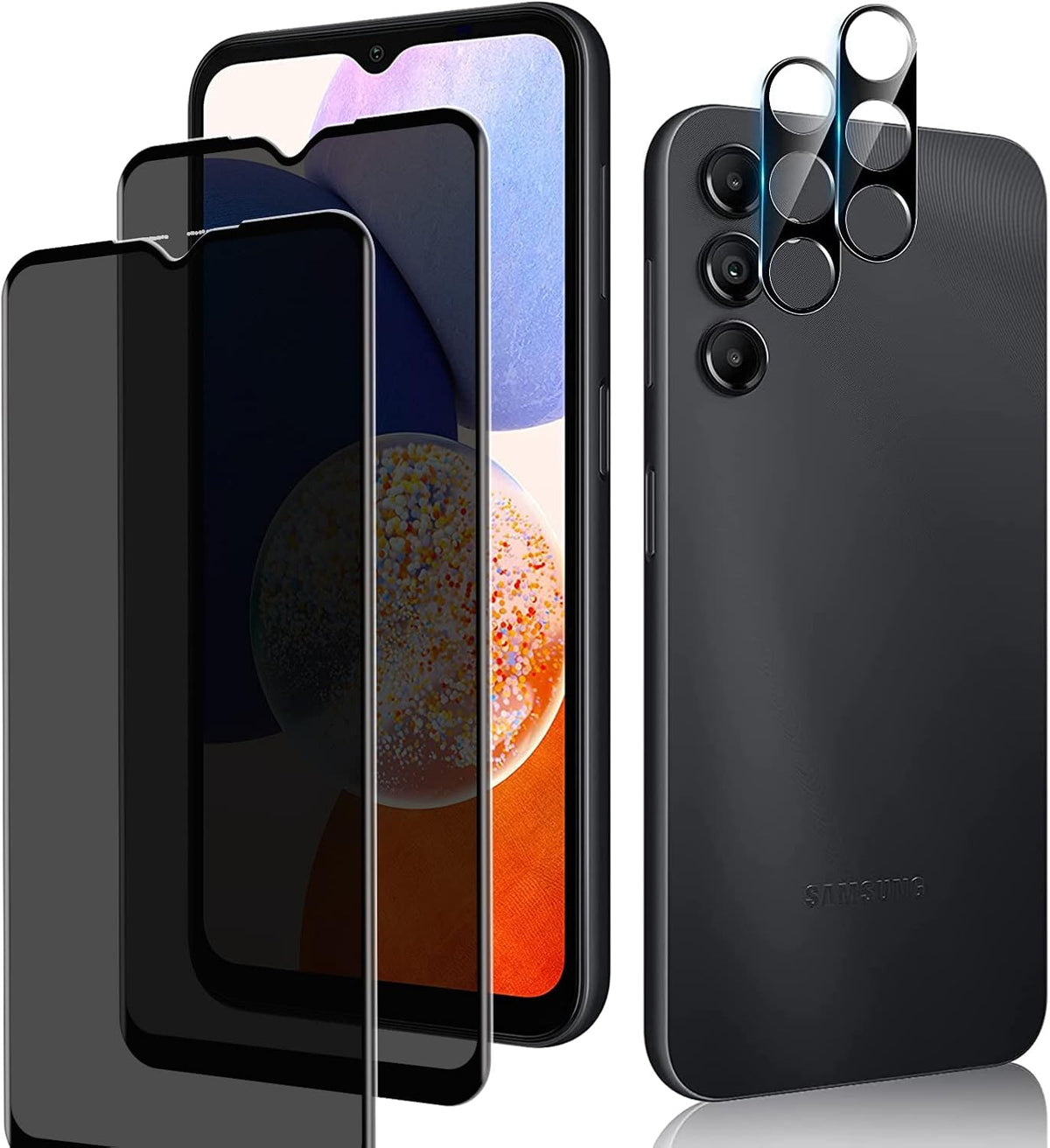[2+2 Pack] Privacy Screen Protector for Samsung Galaxy A14 5G (2 Pack) Front Tempered Glass + (2 Pack) Camera Lens