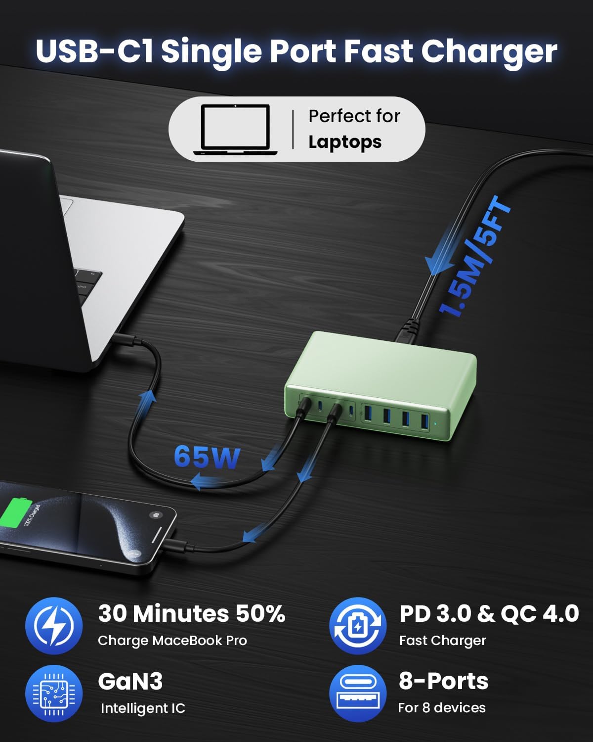 105W USB C Charger Block,8-Ports GaN III Fast Charging Station Hub,QC4.0+PD 65W Laptop Charger Wall Chargers Power Adapter for MacBook Pro/Air,DELL,Steam Desk,iPhone 16/15,iPad,Galaxy S25,Pixel-Green