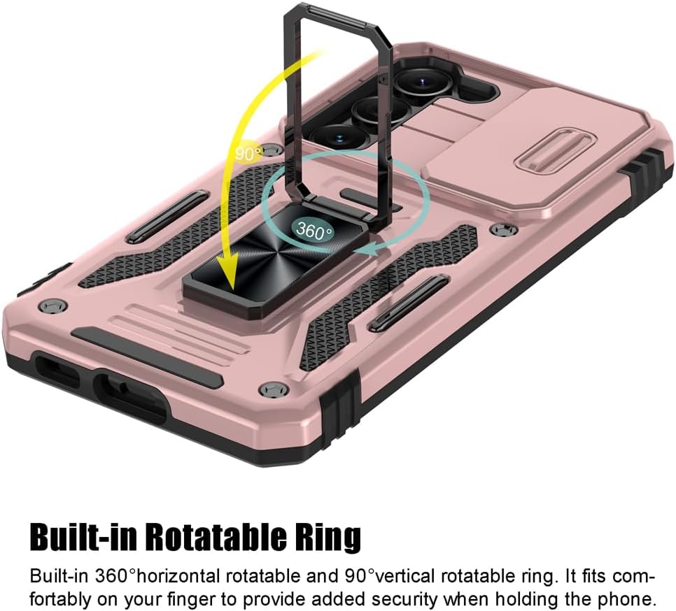 Shockproof Phone Case for Samsung Galaxy S23 with Sliding Camera Cover & Rotatable Ring Holder Kickstand + Tempered