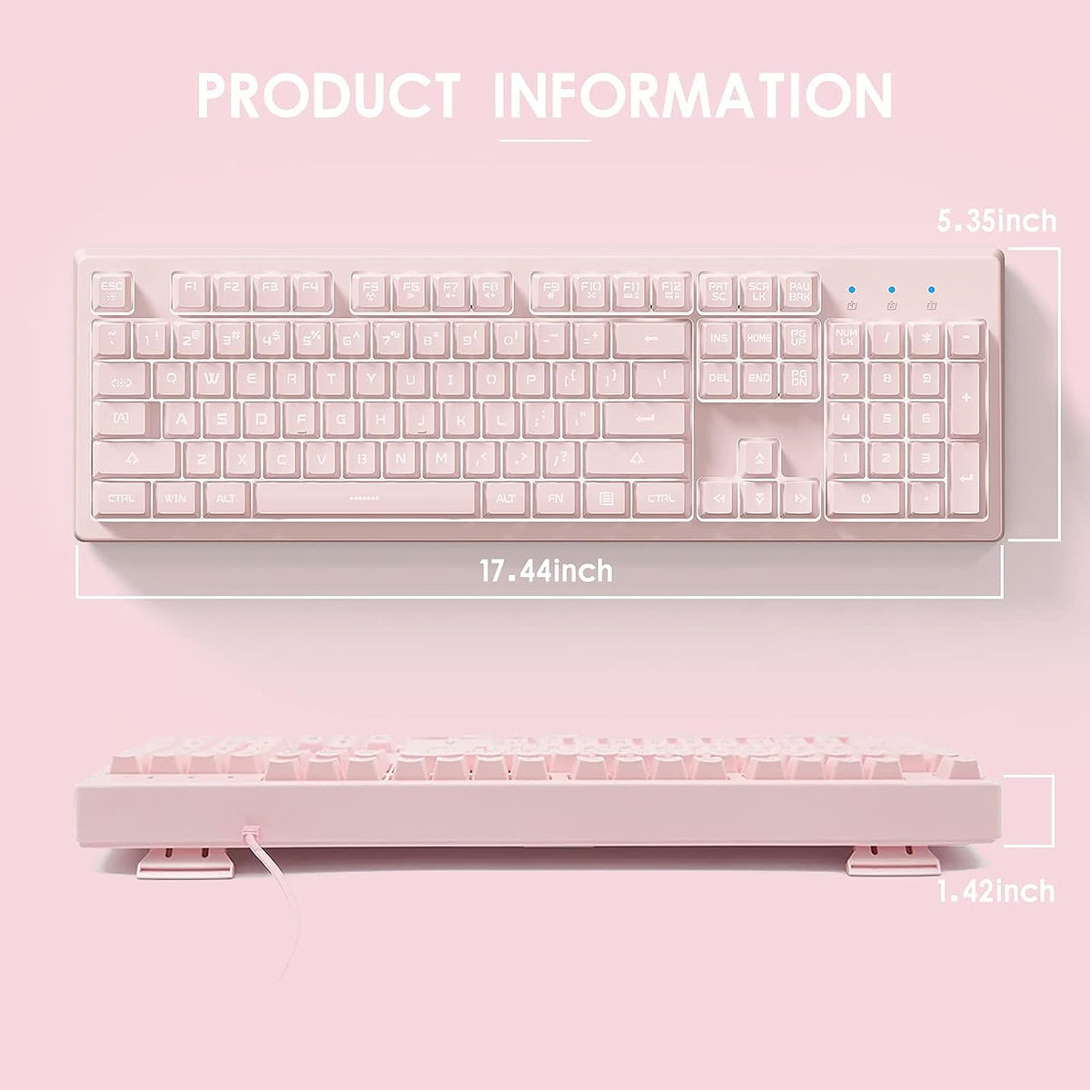 Basaltech Pink Keyboard with 7-Color LED Backlit, 104 Keys Quiet Silent Light Up Keyboards, 19-Key Anti-Ghosting Cheap Gaming Keyboard Mechanical Feeling Waterproof Wired USB for Computer, Mac, Laptop