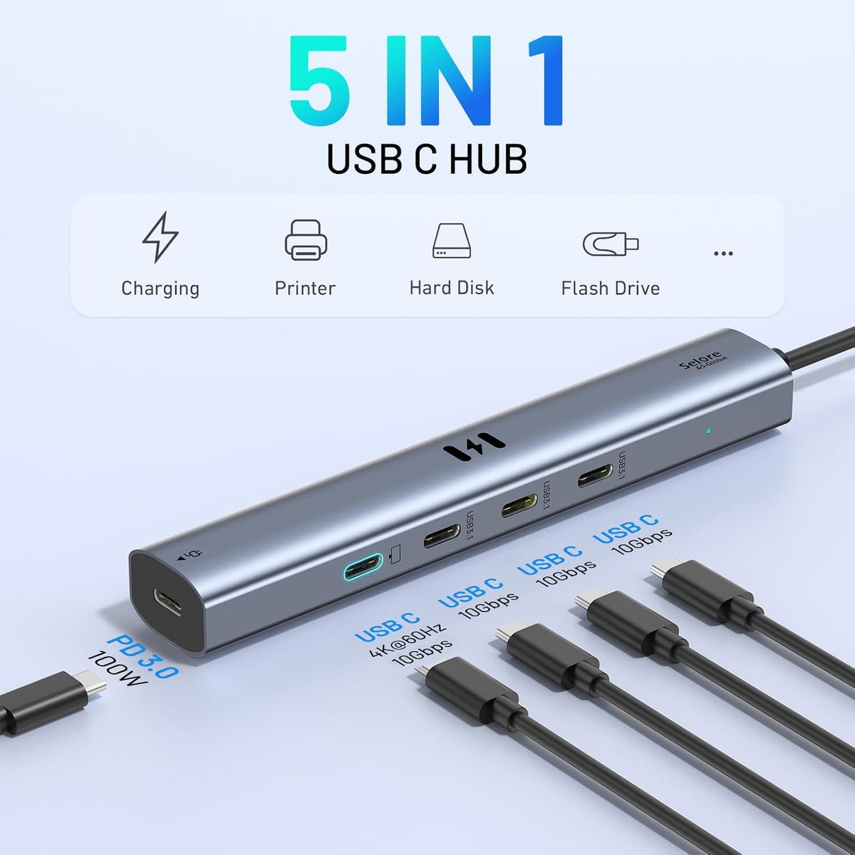 10Gbps USB C Hub with 4K@60Hz Video Display, Selore 5 Ports USB C Splitter, C Port Data Transfer, 100W PD-in Charging, Dongle Multiport Adapter for MacBook Pro, iPad, Dell, HP, and More