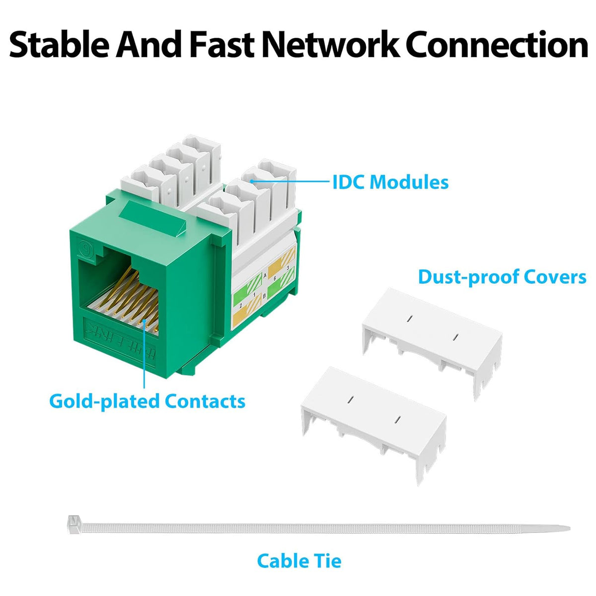 iwillink 10Gbps Cat6 Keystone Jack, RJ45 Keystone Jack 25-Pack and Keystone Punch-Down Stand, UTP Modular Ethernet Jack Insert 90-Degree, Punch Down Keystone Jack Adapter, Green