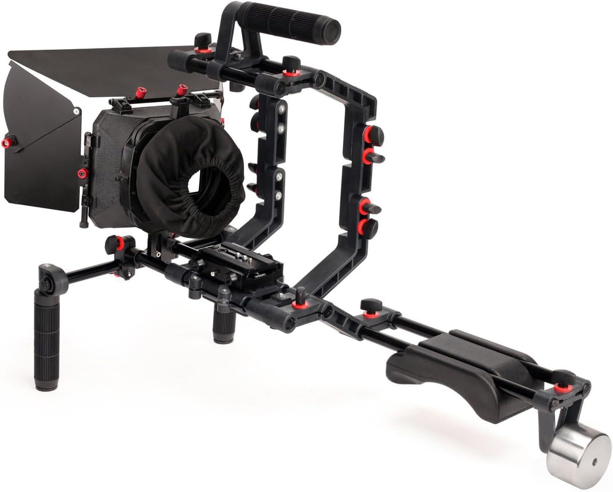 Camera Shoulder Support Rig Kit with Cage & Matte Box for DSLRs Video Camcorder. Adjustable Brackets & Handles. Fits Multiple Lenes Diameter up to 95m. 4x4 Filter Holders. (FC-02)