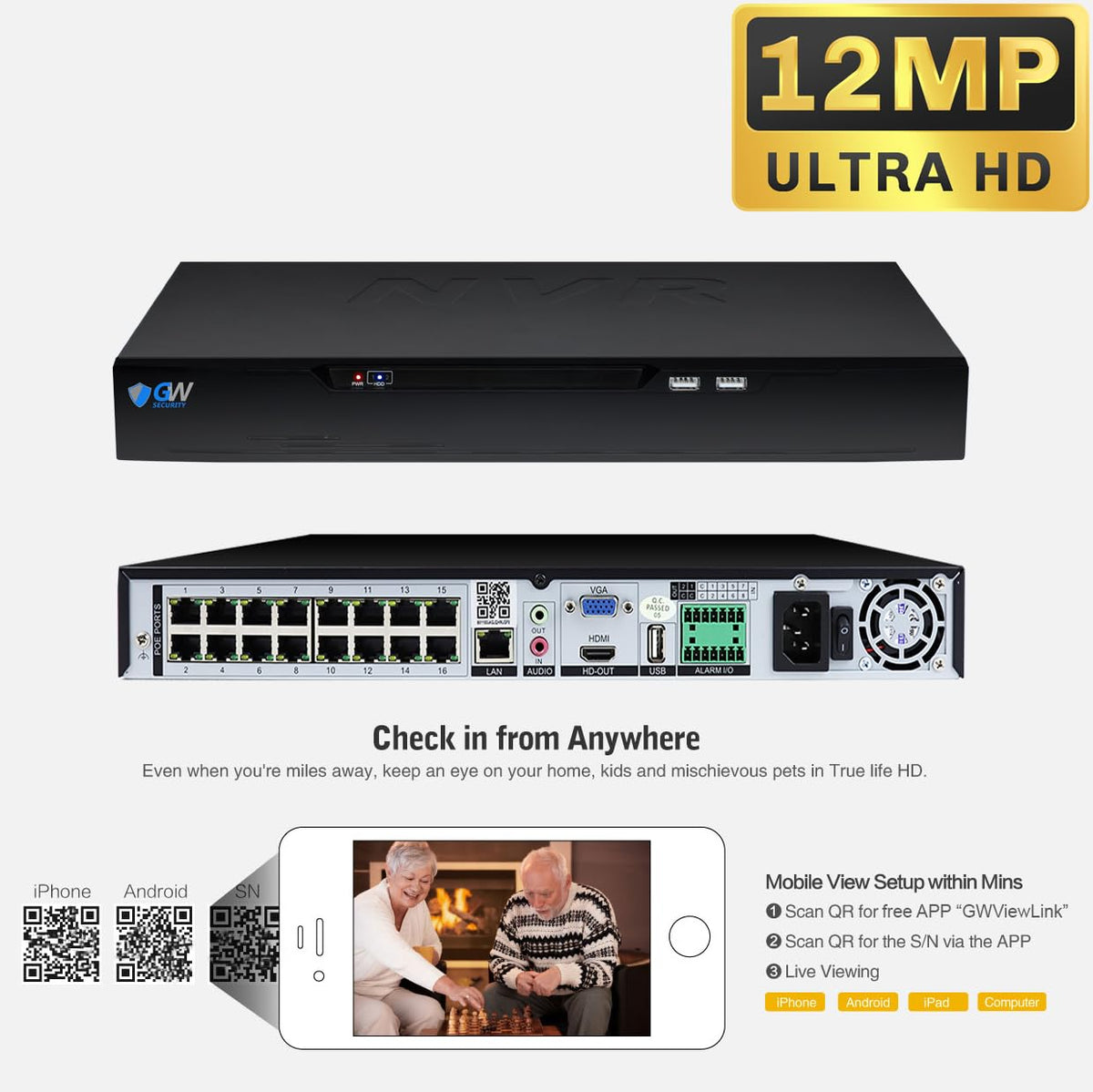 GW Security 16 Channel 12MP NVR UltraHD 4K Face Recognition NDAA & TAA Compliant Security Camera System with 8 x 8MP Outdoor & Indoor PoE Bullet
