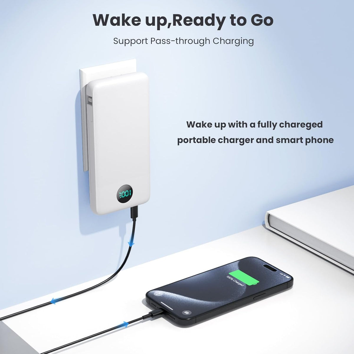 Portable Charger with Built-in Cables and AC Wall Plug 13800mAh,LCD Display Slim PD Fast USB C Power Bank,4 Outputs Travel Essentials Battery Pack Compatible with iPhone,Samsung,All Smart Phones-White