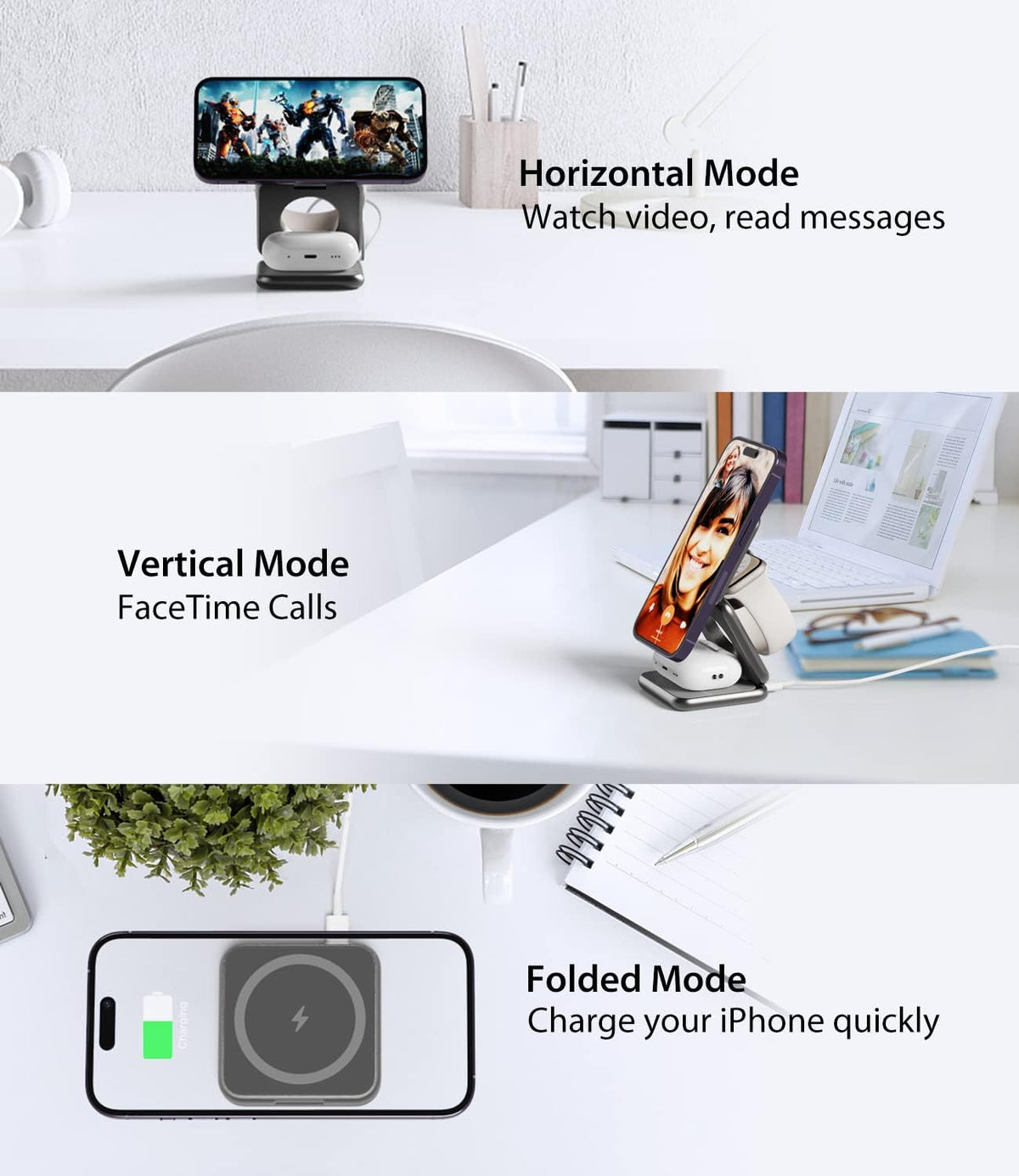 Foldable Magnetic Wireless Charger, KU XIU X40 Aluminum Alloy 3 in 1 Charging Station for Apple, Fast Magnetic Charger Stand for iPhone 16 15 14 13 12 Series, 5W for iWatch, AirPods 3/2/Pro, Gray