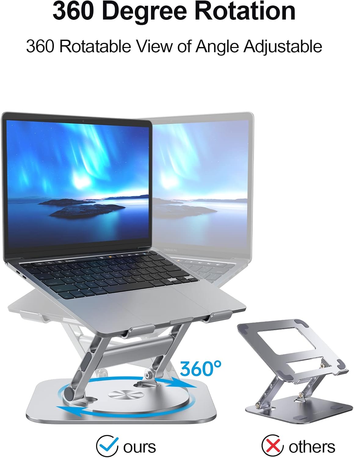 Laptop Stand for Desk, 360 Rotating Base Aluminum Computer Stand Ergonomic Laptop Riser Notebook Holder Fits up to 17-Inch Laptop, Silver