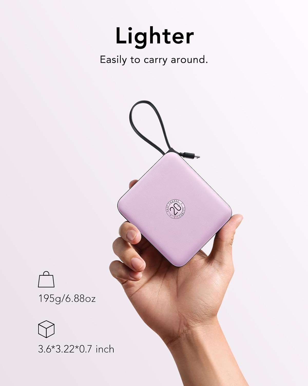 VRURC Portable Charger with Built-in Cable, 10000mAh Power Bank, 22.5W/PD20W Fast Charging USB C Battery Pack for iPhone 16 15 14 Samsung Galaxy S25 S24 S23 S22 Android Airpods, Purple(1 Pack)