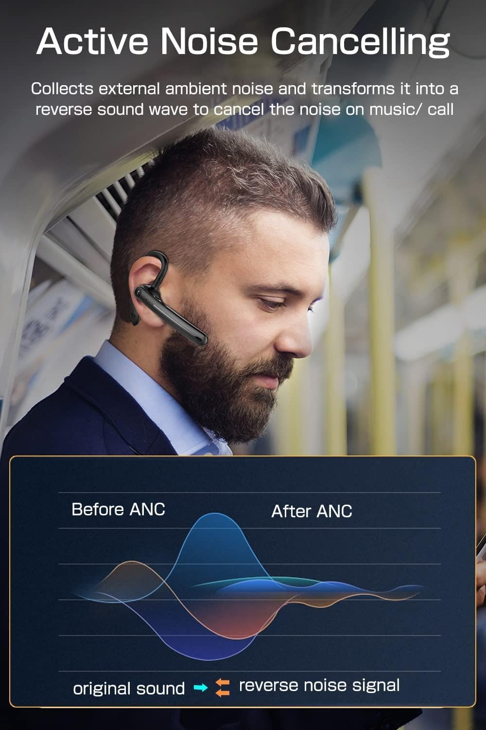 Wireless Earphone Ear-Hook Headphone Boom Mic Compatible with Samsung Galaxy A73/A72/A71 5G, Handsfree Single Headset Over The Ear Earbud