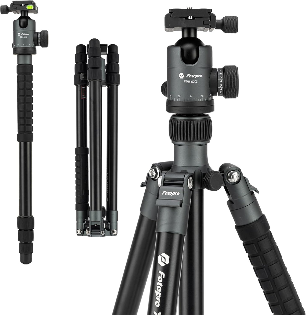 Fotopro 68" Camera Tripod for DSLR, Heavy Duty Compact Travel Tripod with Ball Head, Detachable Monopod with Quick Release Plate and Bag, Load up to 12KG/26.5lbs(Grey)