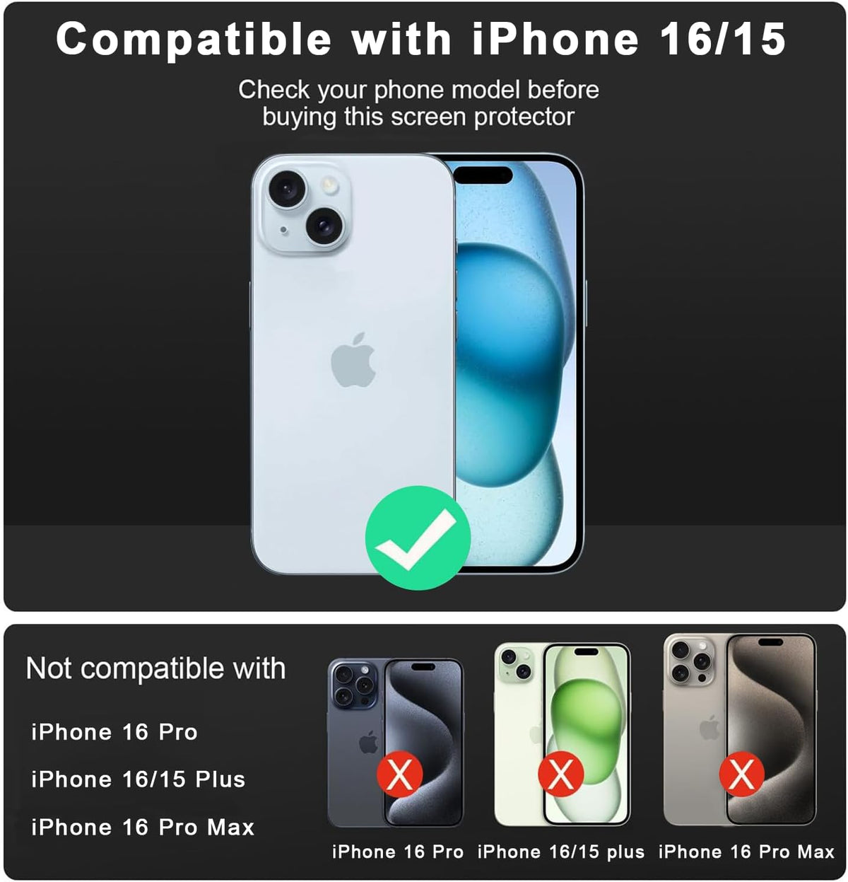 2 Pack Tempered-Glass Screen Protector for iPhone 16 / iPhone 15, [9H Hardness] with Auto-Alignment Kit, HD Clear