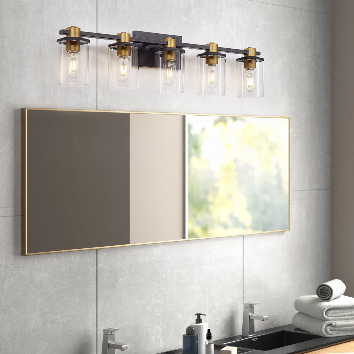 5 Light Bathroom Vanity Light, Black and Gold Bathroom Light Fixtures, Sconces Wall Lighting with Clear Glass Shade, Modern Brushed Gold Vanity