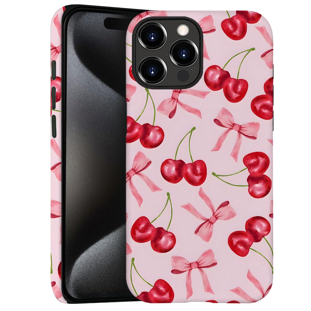 Generic Case For Iphone 13 Pro - [Drop Protection Phone Cover] - Hybrid Case For Girl Women - Cherry Ribbon Bow Fruit Pink