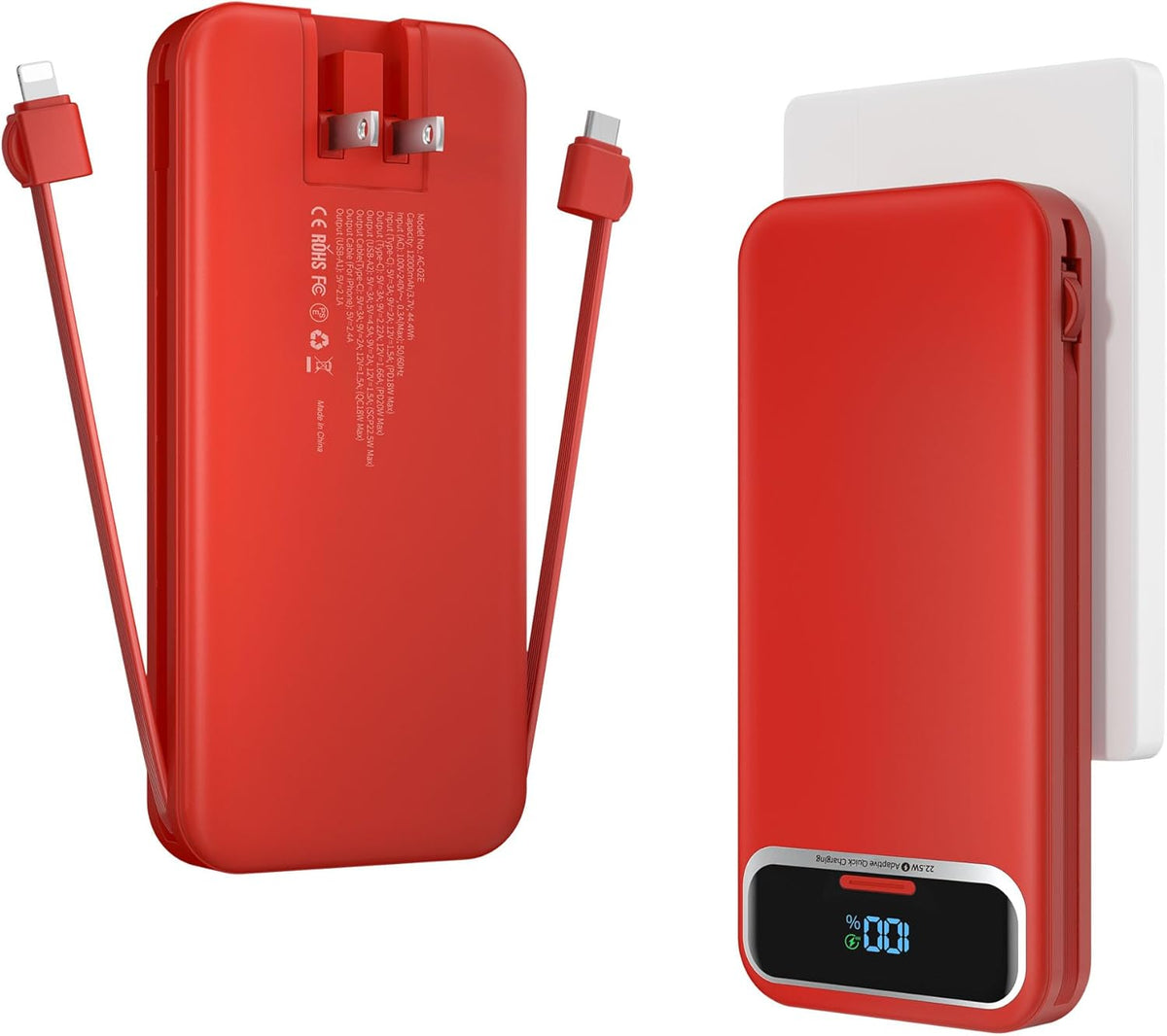 12000mAh Lightweight-Portable-Charger-Power-Bank with Built-in Cables and AC Wall Plug, PD20W USB-C Fast Charging Battery Pack, LED Display External Travel Phone Charger for All iPhone,Samsung,Android