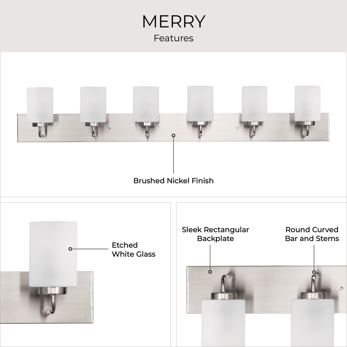 Progress Lighting Merry Collection Six-Light Bathroom Light Fixture, Brushed Nickel and Etched Glass Transitional Style Bath Vanity Wall Light, 48" L