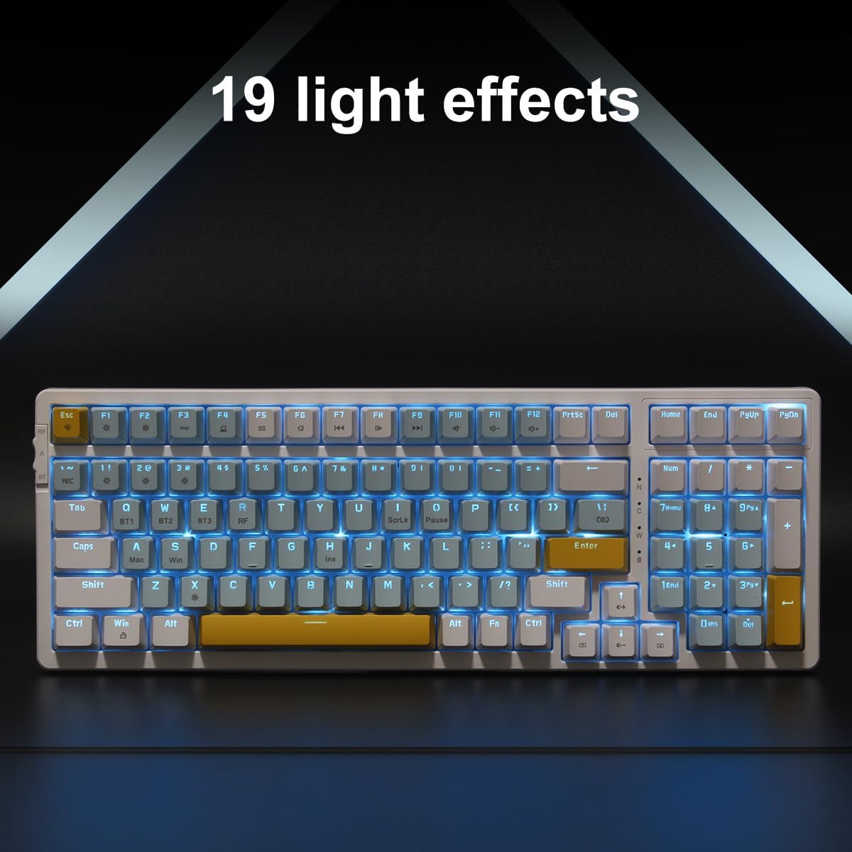 Wireless Mechanical Keyboard, Triple Mode 2.4G/USB-C/BT Gaming Keyboards 100 Keys Ice-Blue Backlit, Red Switch Keyboard | Rechargeable Mechanical Gaming Keyboards | Ice Blue/W/Y