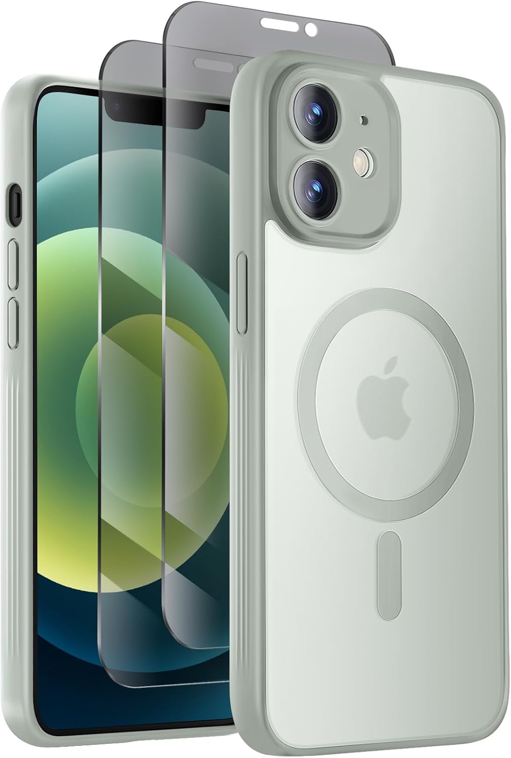 Designed for iPhone 12 Case, Compatible with MagSafe, with Privacy Screen Protectors X2, [Camera Protection] [15FT Military Drop Protection] Shockproof Phone Case, 6.1", Calke Green
