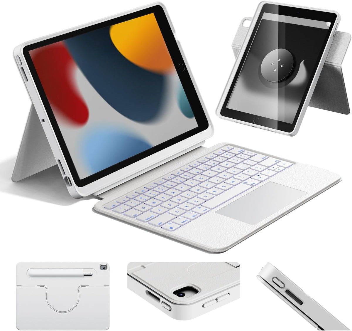 HOU Combo Keyboard Case for iPad 9th Generation (10.2", 2021)/8th Gen/7th Gen/iPad Air 3/Pro 10.5 2017 Multi-Touch Trackpad,7 Color Backlight,Rotatable & Detachable,Portrait/Landscape Modes,White