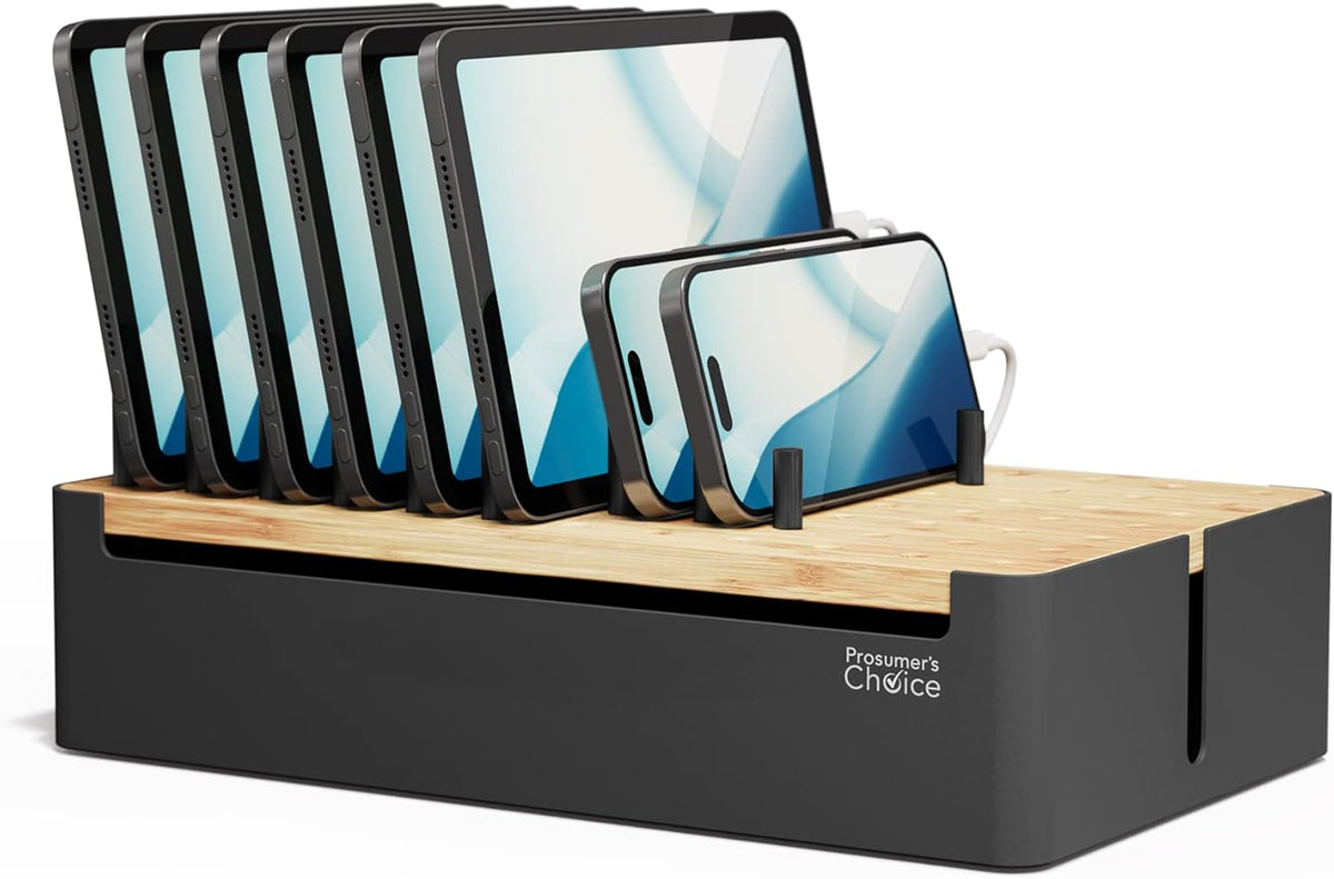 Prosumer's Choice Black Wooden Charging Station Organizer for Multiple Devices - Cable Management Box with 5 Slots and Removable Dividers - Charger Organizer for Phone, Tablet, Home, Office, 12"x6"x7"