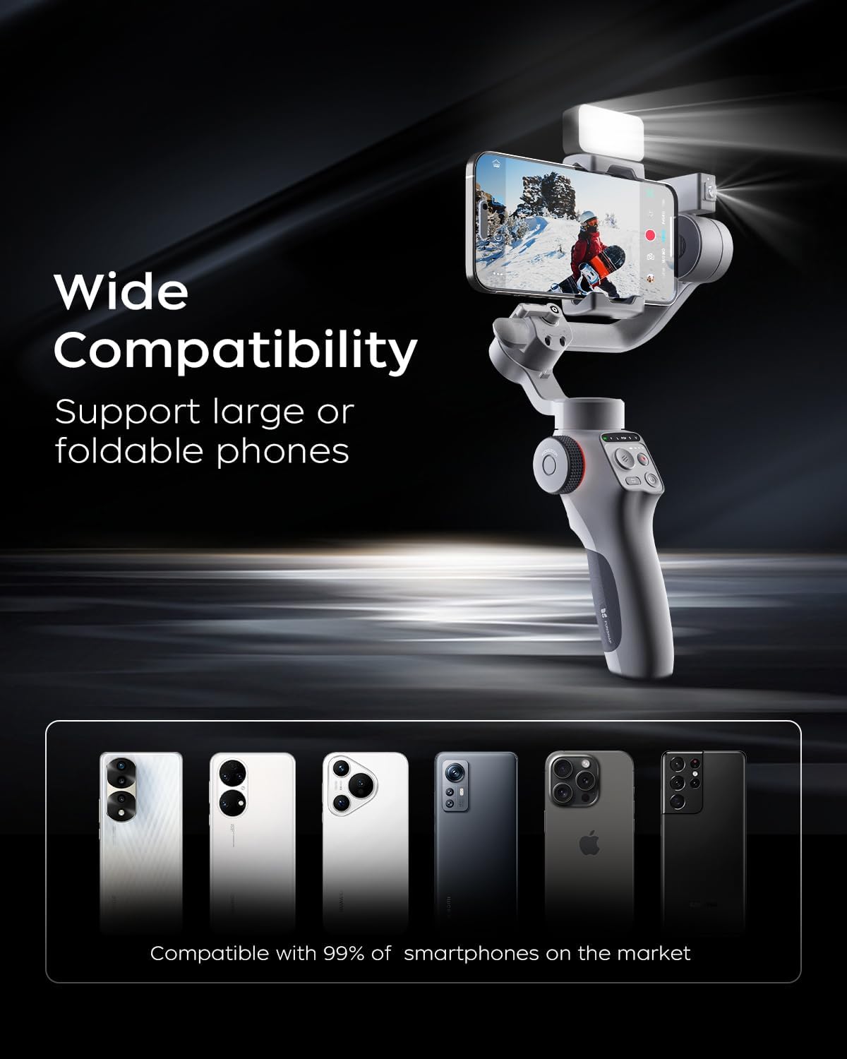 FUNSNAP Capture5 Gimbal Stabilizer for Smartphone, Magnetic AI Tracker Fill Light Remote Control 500g Payload, 3-Axis Phone Gimbal for Android & iPhone 16 15 Pro Max for Video Recording
