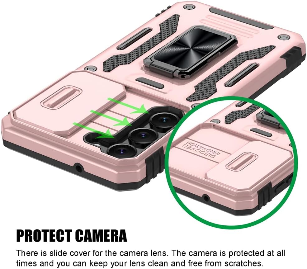 Shockproof Phone Case for Samsung Galaxy S23 with Sliding Camera Cover & Rotatable Ring Holder Kickstand + Tempered