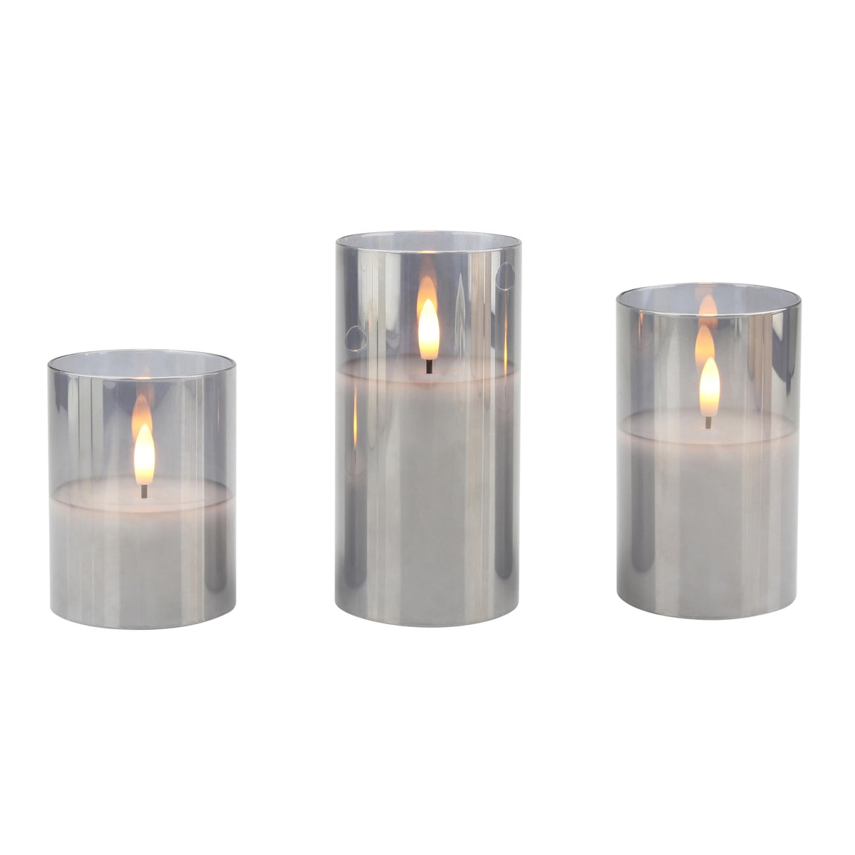 Stonebriar 3 Pack Real Wax Assorted Size Flameless Led Pillar Candles In Glass Hurricane With Remote And Timer
