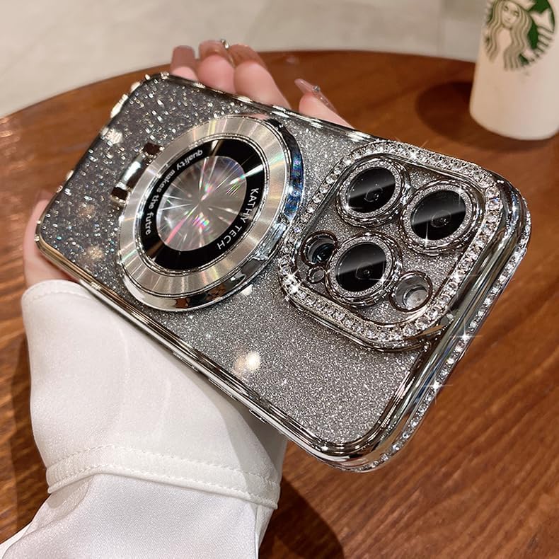 Magnetic Kickstand (Glitter Lens Protector ) Case for iPhone 15 14 13 12 Pro Max (Compatible with Magsafe ) Sparkling Diamond Cover Glitter Shiny Rhinestone Cases (Silver,for iPhone 14 Pro Max)