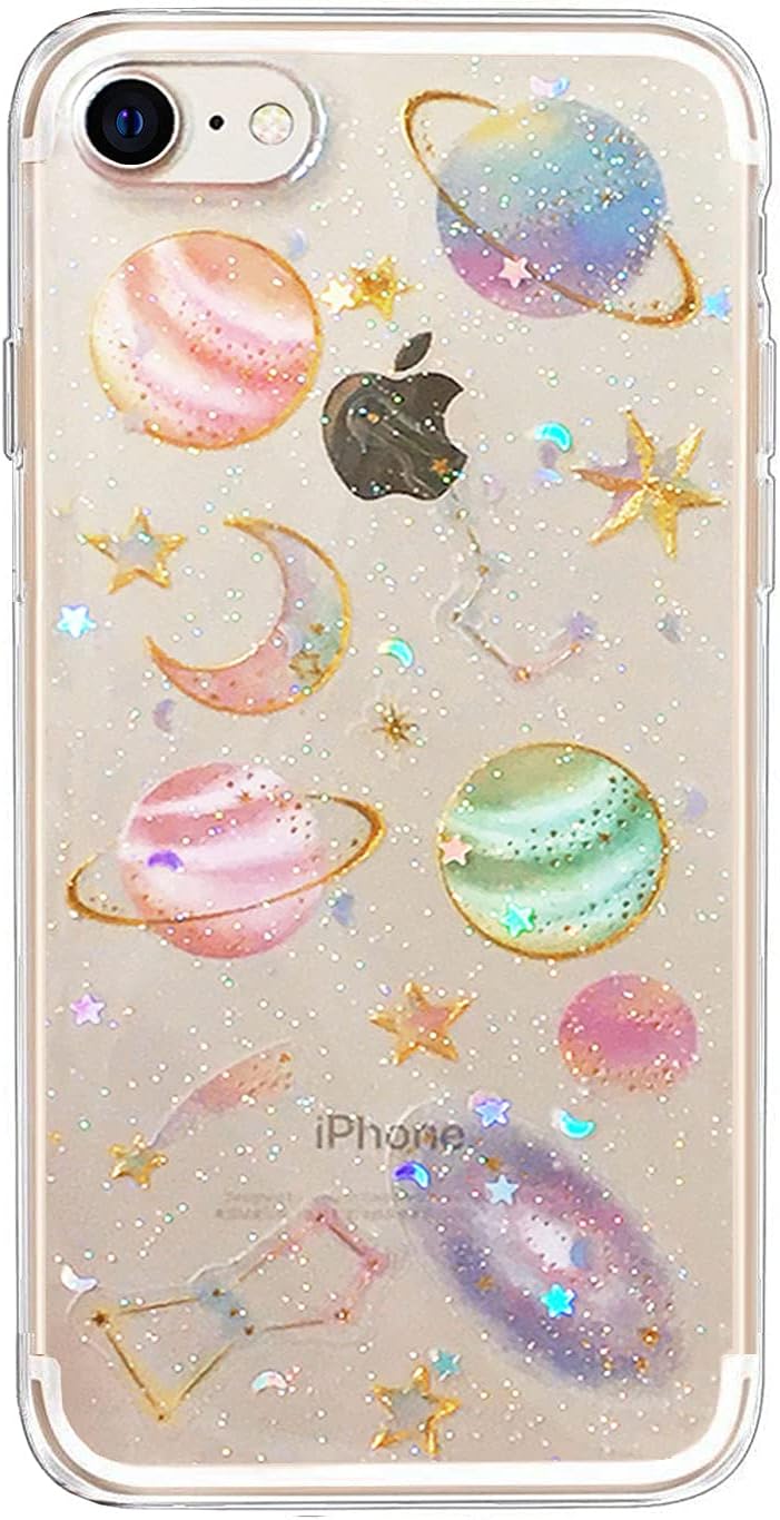 Abbery Cute Clear Moon Stars Case for iPhone SE 2022/SE 2020, Ultra Thin Bling Glitter Soft Silicone Protective Cover