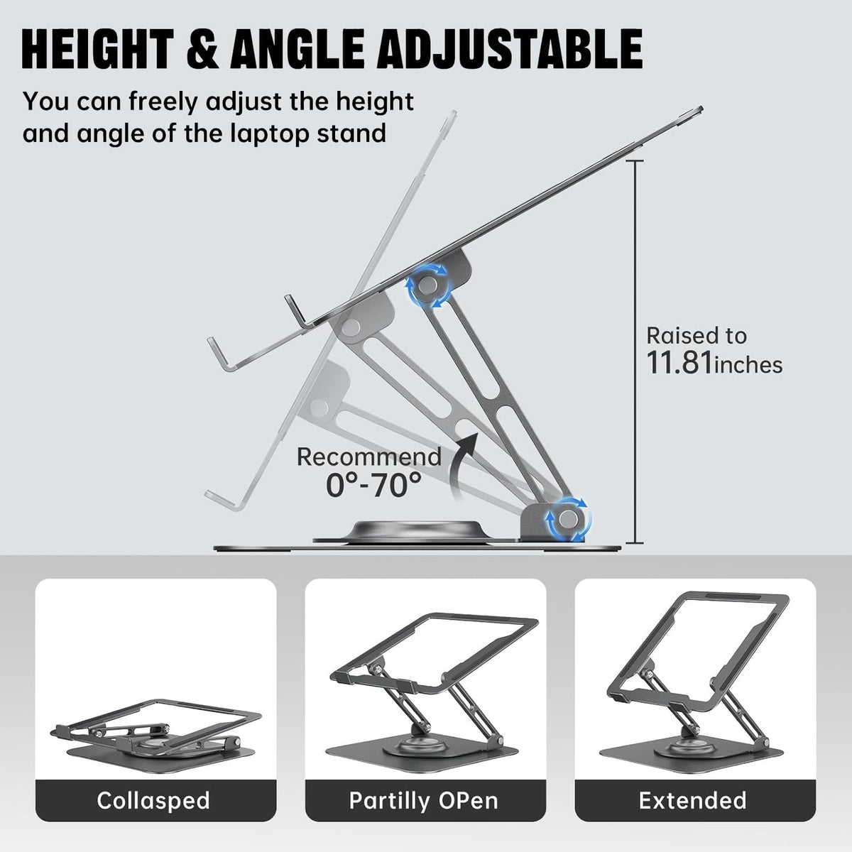 Laptop Stand for Desk, Adjustable Computer Stand with 360° Rotating Base, Ergonomic Laptop Riser for Collaborative Work, Foldable & Portable Laptop Stand, fits for All 10-16" Laptops