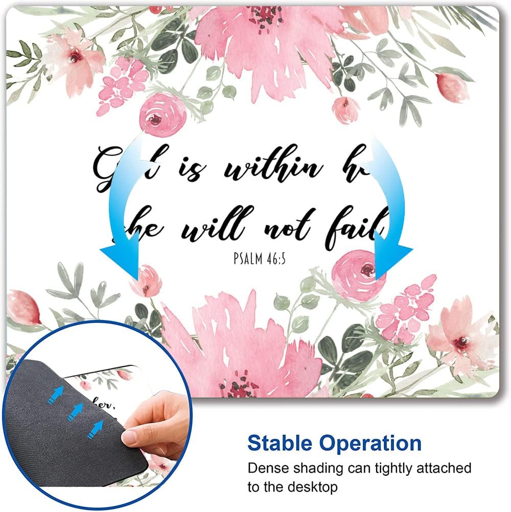 Mouse Pad, Cute Inspirational Quote with Floral Mouse Pad for Women, Washable Square Cloth Mousepad for Office Laptop, Non-Slip Rubber Computer Mouse Pads for Wireless Mouse, Psalm 46:5