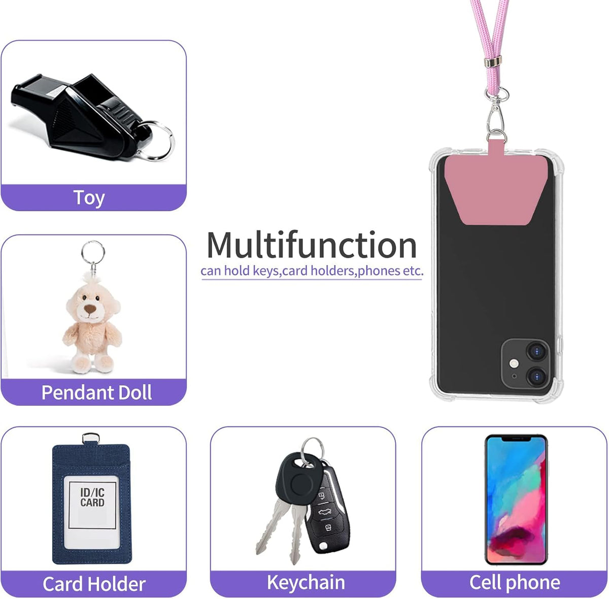 SS Phone Lanyard Strap, Universal Neck Cord Lanyards and Phone Tether Patch for All Phones (Pink)