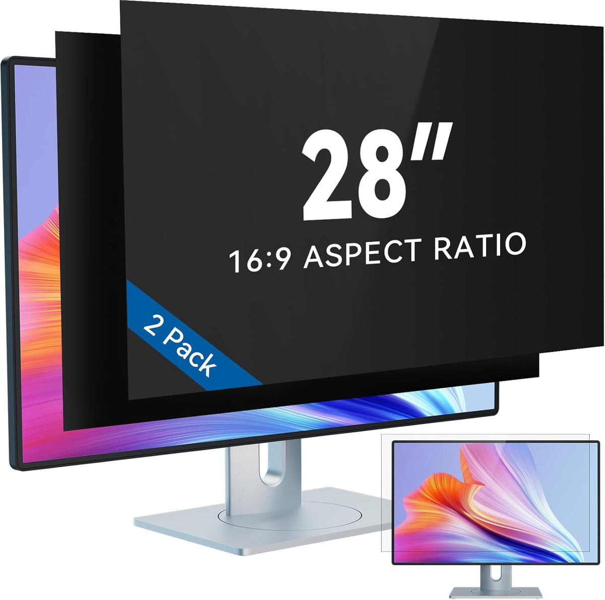 IPROKKO [2-Pack] 28 Inch Computer Privacy Screen Filter for 16:9 Widescreen Monitor, Removable 28in Anti Blue Light Glare Privacy Shield, Anti Spy Security Protector for Hp Dell Asus Acer Samsung