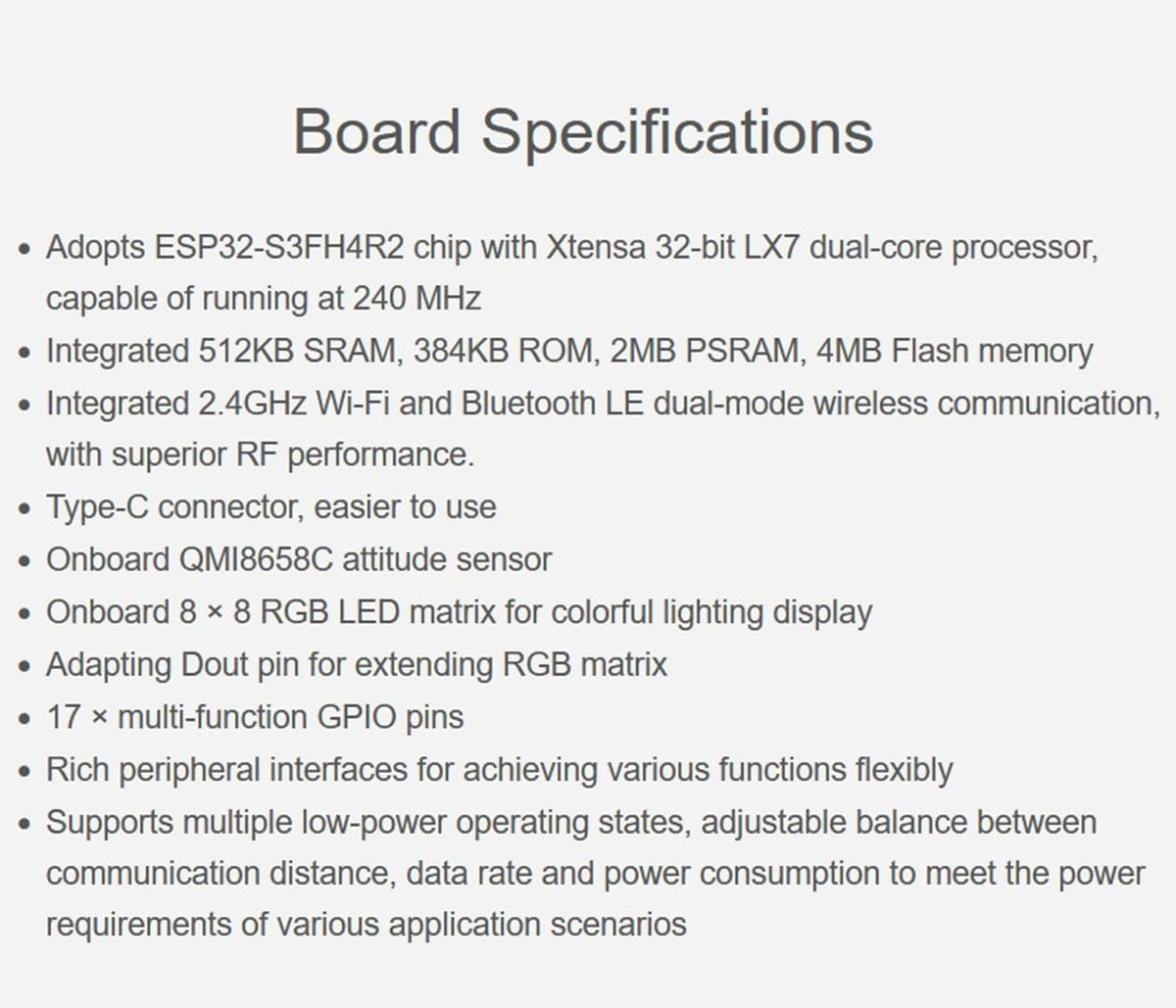 ESP32-S3 Matrix Development Board with 8×8 RGB LED Matrix, QMI8658C Attitude Sensor, 17 Multi-Function GPIO Pins,
