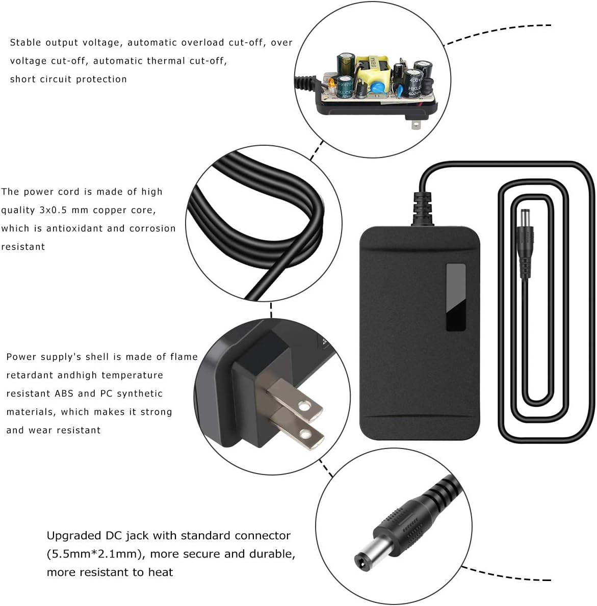 SUPERNIGHT 12V 2A Power Adapter Supply, AC 100-240V to DC, 5.5x2.1mm Jack