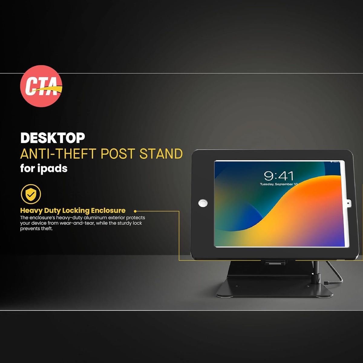 Desktop Anti-Theft Stand – CTA Kiosk Stand with Stylus, Tether, and Aluminum Enclosure for iPad (Gen 2-6), Air (Gen 1 & 2), & Pro 9.7 - Black (PAD-DASB)