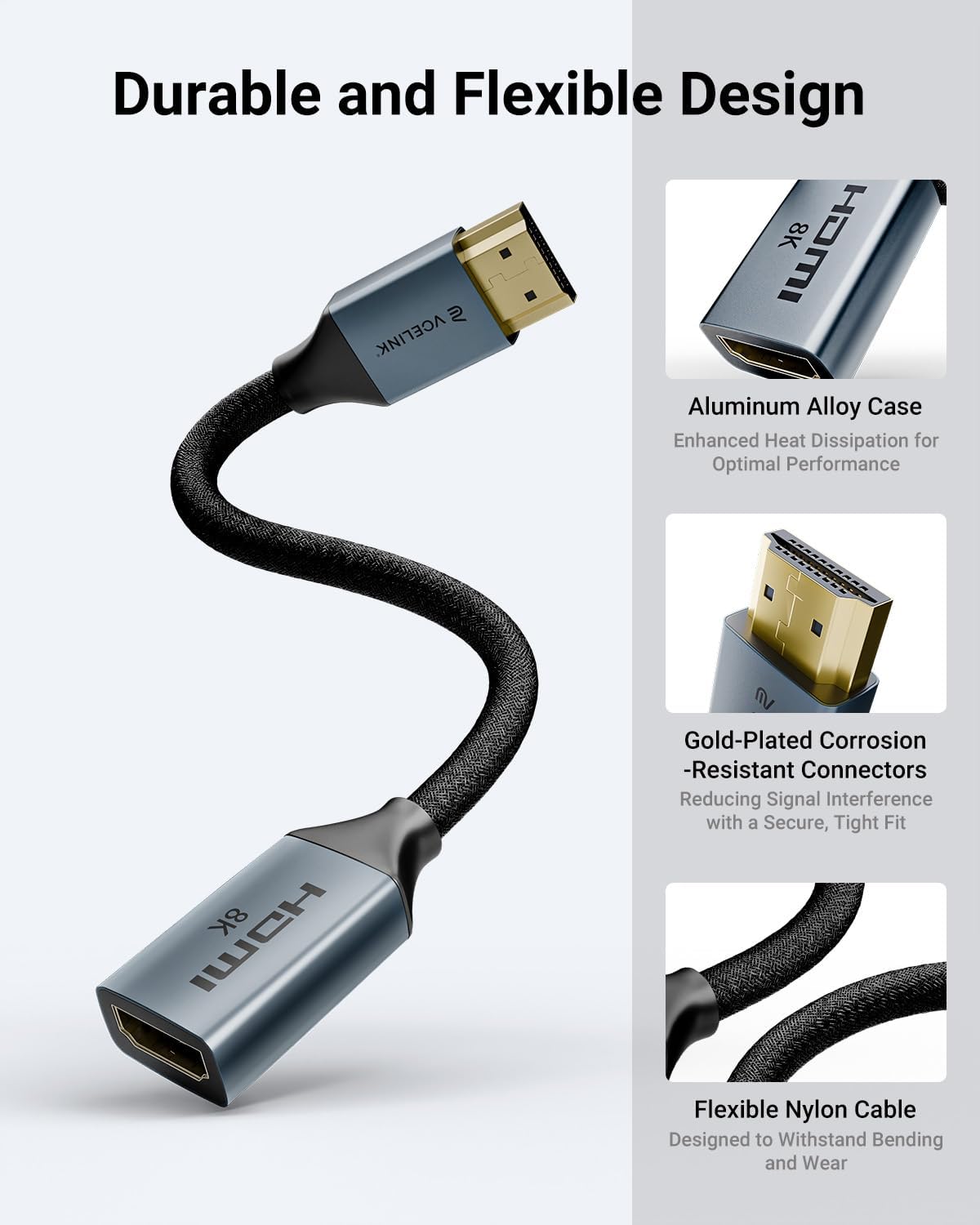 8K Short HDMI Extender Cable 0.6 FT Ideal for Tight Spaces, HDMI Extension Male to Female Adapter, Compatible with Roku TV Stick, HDTV, Game Console, Laptop (2 Pack, 0.6FT)