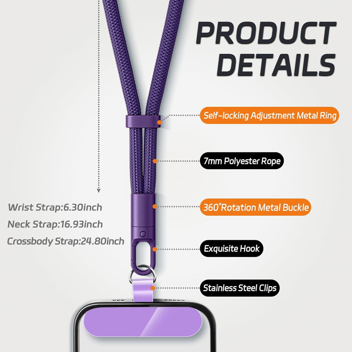 3 Pack Phone Lanyard,1×Phone crossbody strap,1×Phone Neck Strap,1×Wrist Strap,3×Tether Tabs,Universal Cell Phone Multifuctional Patch Polyester Lanyards(Purple)