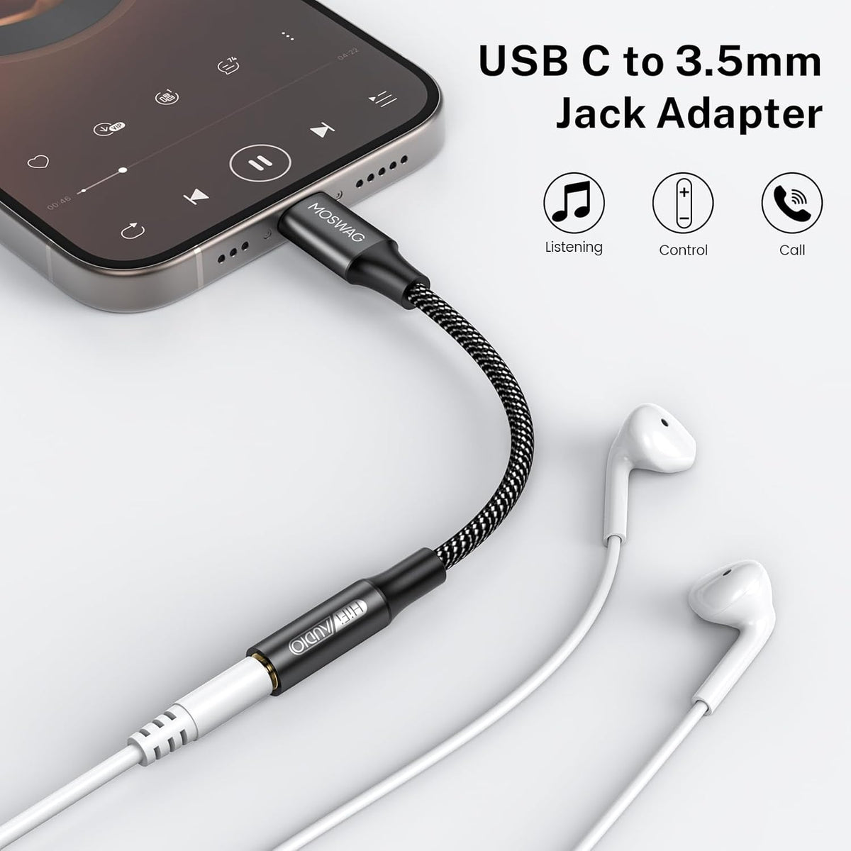MOSWAG USB Type C to 3.5mm Headphone Jack Adapter, Audio Adapter USB C to Aux Dongle Cable for iPhone 15 Plus/Pro Max,