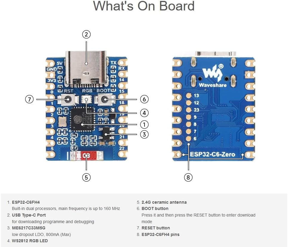 ESP32-C6 Mini Development Board, Pre-Soldered Header, Based on ESP32-C6FH4 Dual Processors, 160MHz, 2.4GHz WiFi 6 &