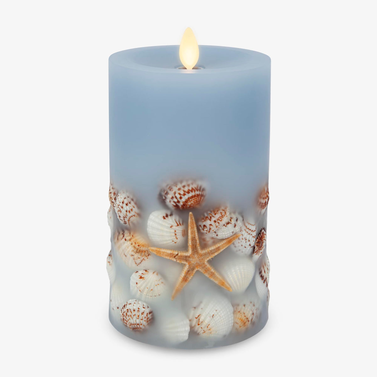 Luminara Flameless Led Candle Soft Chambray Embedded Seashell & Starfish Moving Flame Pillar Unscented Real Wax With Recessed Ed