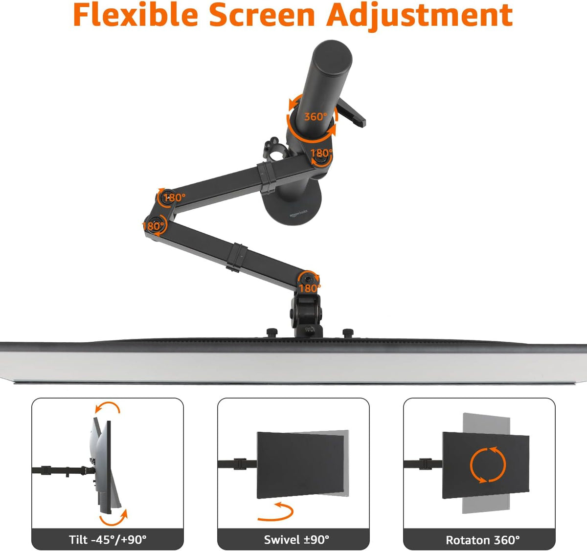 Amazon Basics Adjustable Single Computer Monitor Arm Mount, Holds up to 32" Monitors, Black