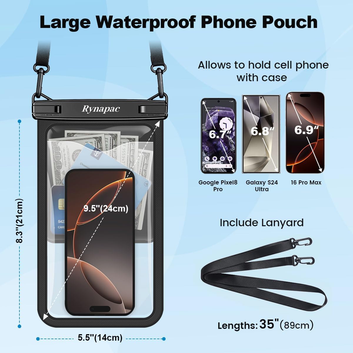 2 Pack Waterproof Phone Pouch - 10in Waterproof Phone Case with Lanyard, IPX8 Cellphone Dry Bag Beach Essentials for iPhone 16 15 14 Pro Max, Galaxy S25 S24 S23 Ultra, Cruise Ship Essentials