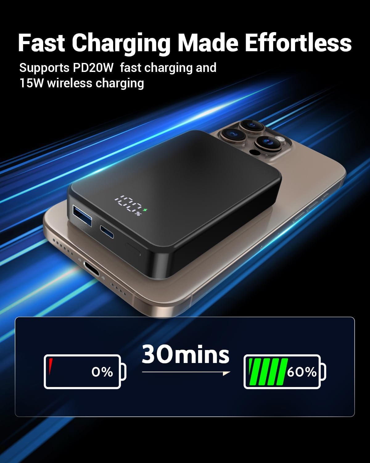 Magnetic Power Bank 26800mAh for Magsafe Portable Charger, Aluminum alloy casing Large Capacity 20W USB-C in&Out Wireless Fast Charging Battery Pack for iPhone16 Plus Pro Max/15/14/13/12 Series, Black