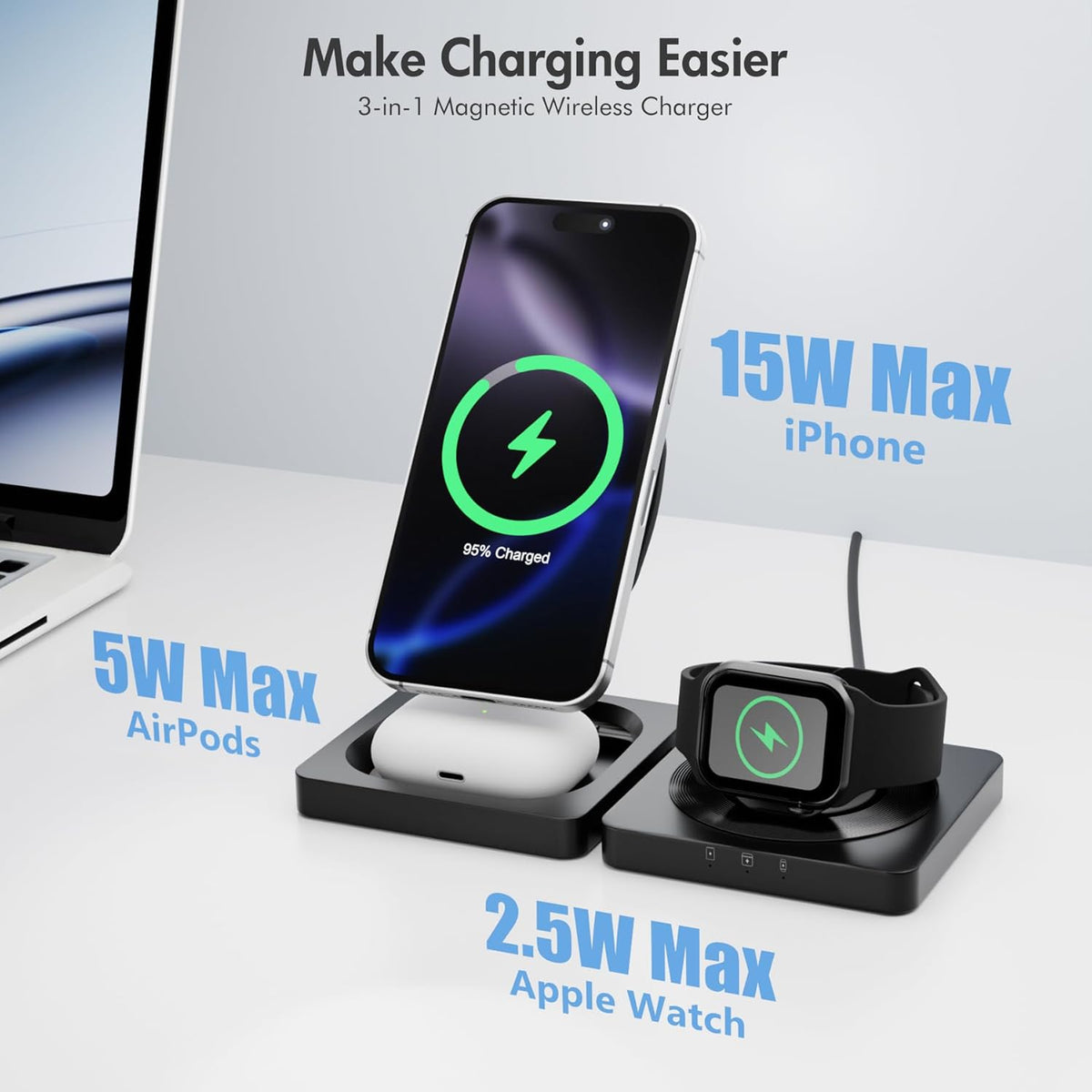Magnetic Wireless Charger for iPhone: 3 in 1 for Travel 15W Fast Charging Pad Foldable for iPhone 16-12 Pro Max - for Apple Watch Ultra and AirPods Series Magnet Multiple Devices (Dark Black)