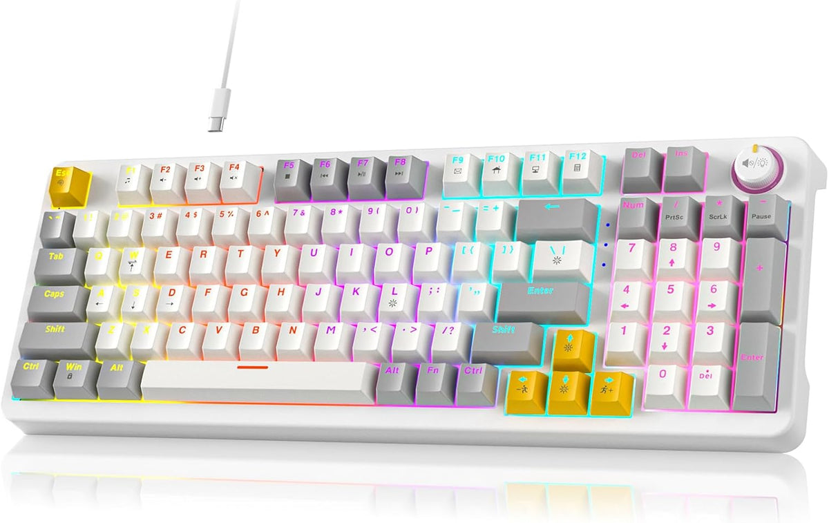 AK96 Smart Mechanical Keyboard Gaming, 96 Keys Full Size with LED Colorful Backlit, Clicky Creamy Sounding, USB Wired Computer Keyboard with Volume Knob for PC, Mac, Windows (White)